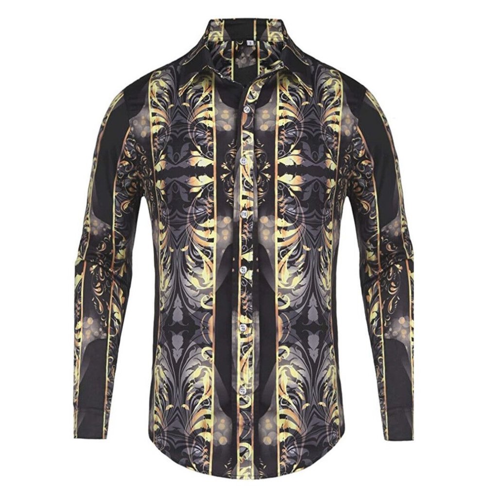 Daupanzees Mens Button Down Shirt Sz Large Casual Lounge Black Gold Paisleys